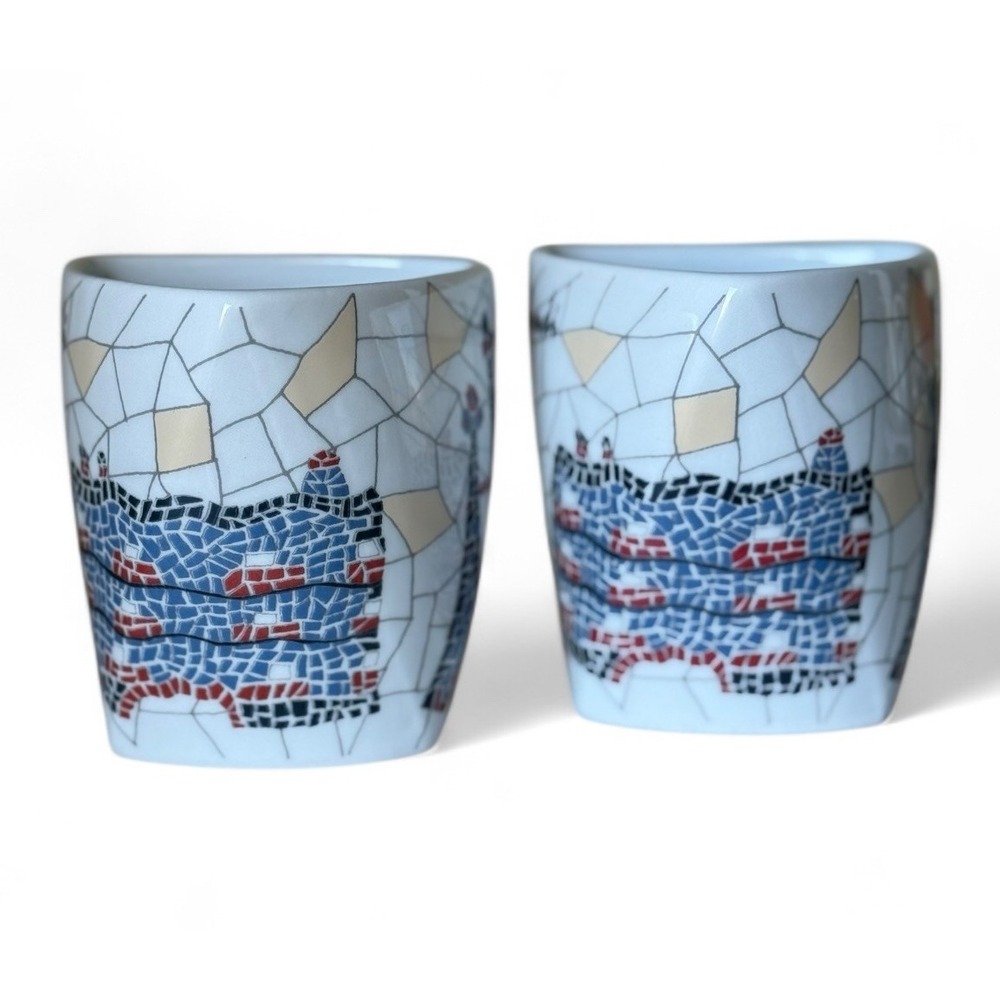 Set Of 2 Antoni Gaudi Barcelona Mugs Sagrada Familia Mosaic Triangle Shape - Picture 4 of 10